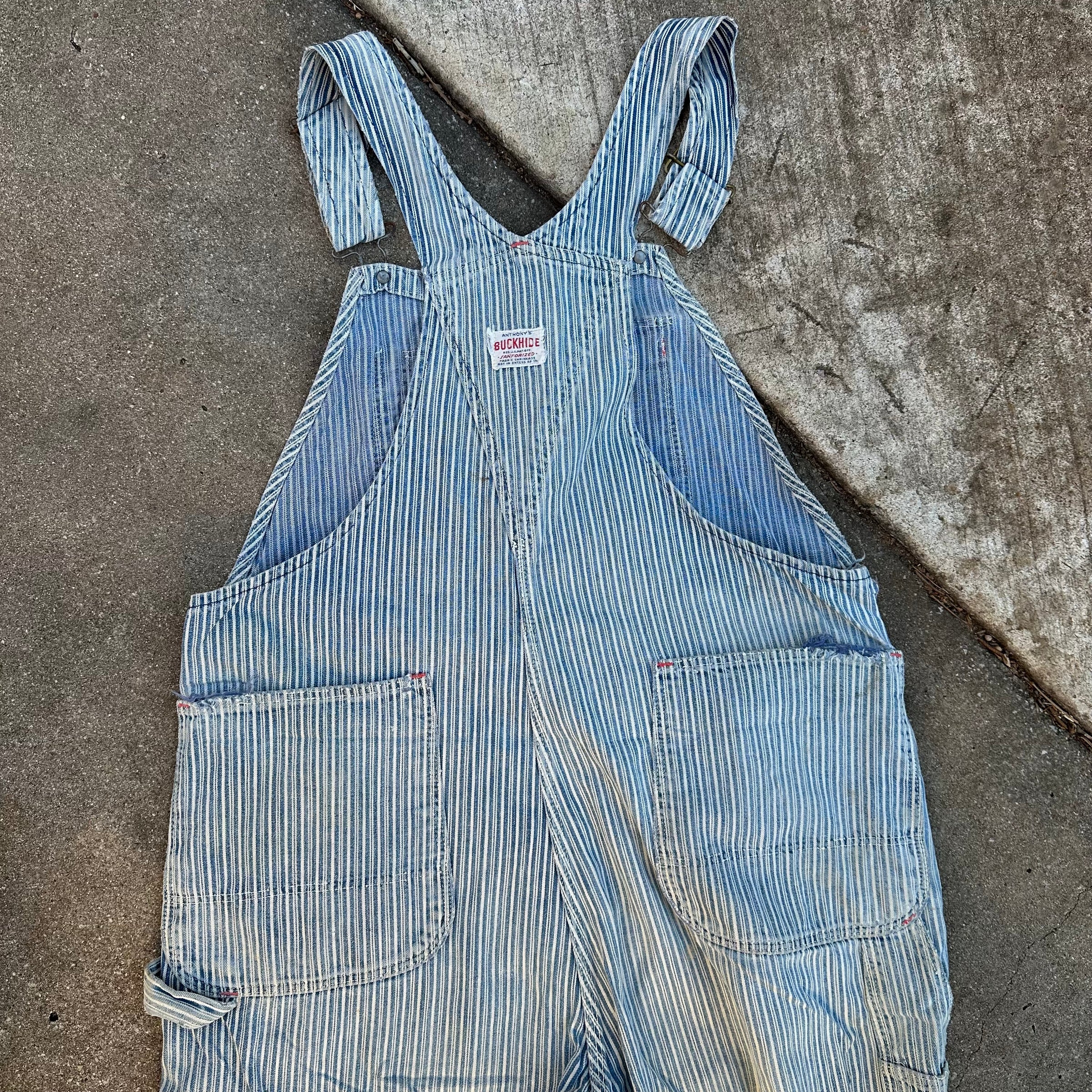 1950’s Thrashed Anthony’s Buckhide Hickory Stripe Overalls 38” Waist
