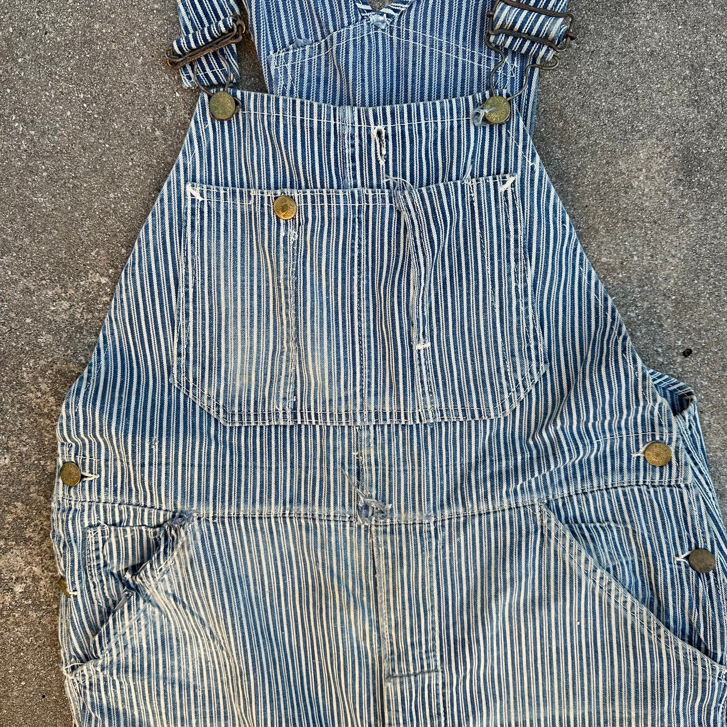 1940’s Thrashed Round House Hickory Stripe Overalls 34” Waist
