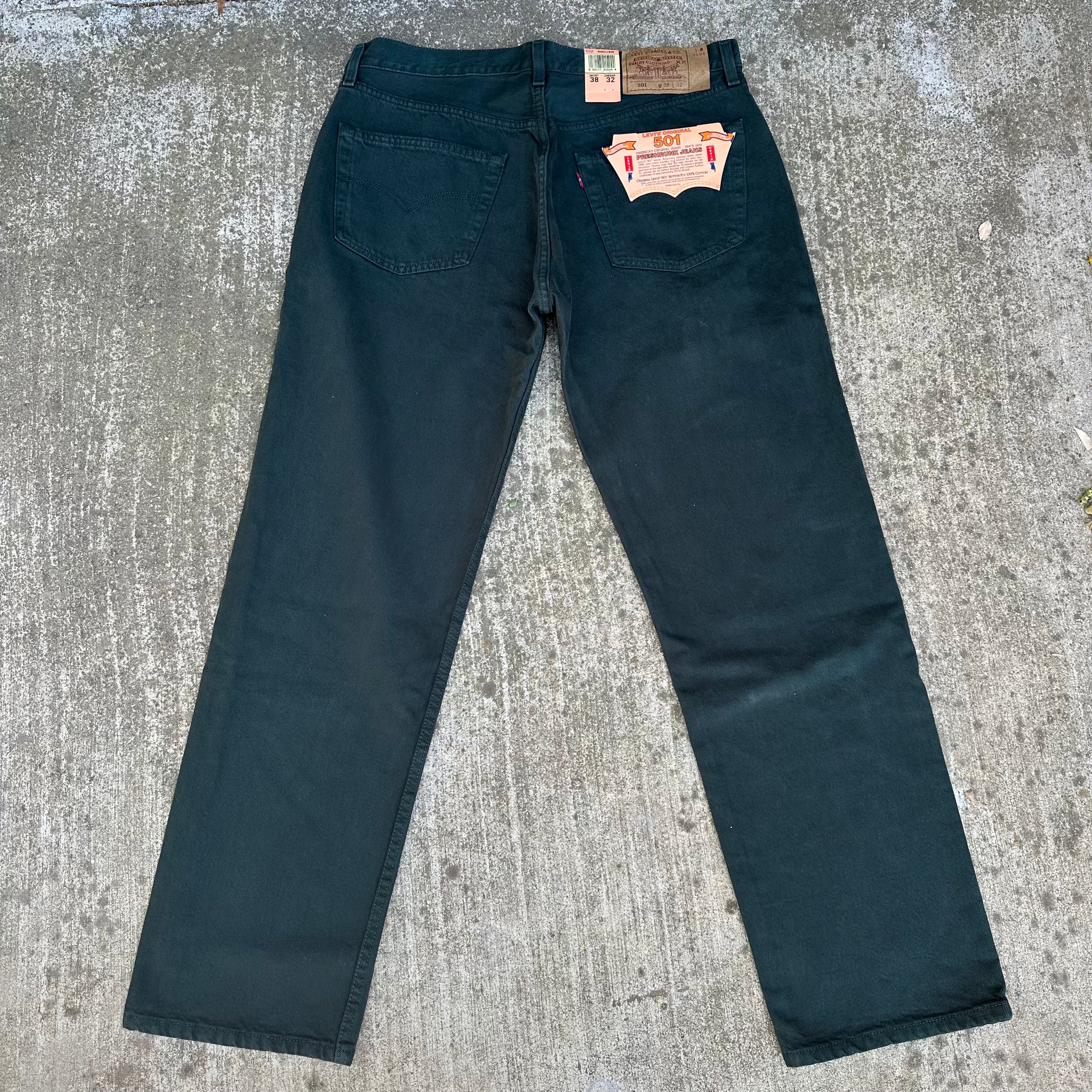 1990’s Deadstock Levi’s 501 Made in USA Green Denim Jeans 36” Waist