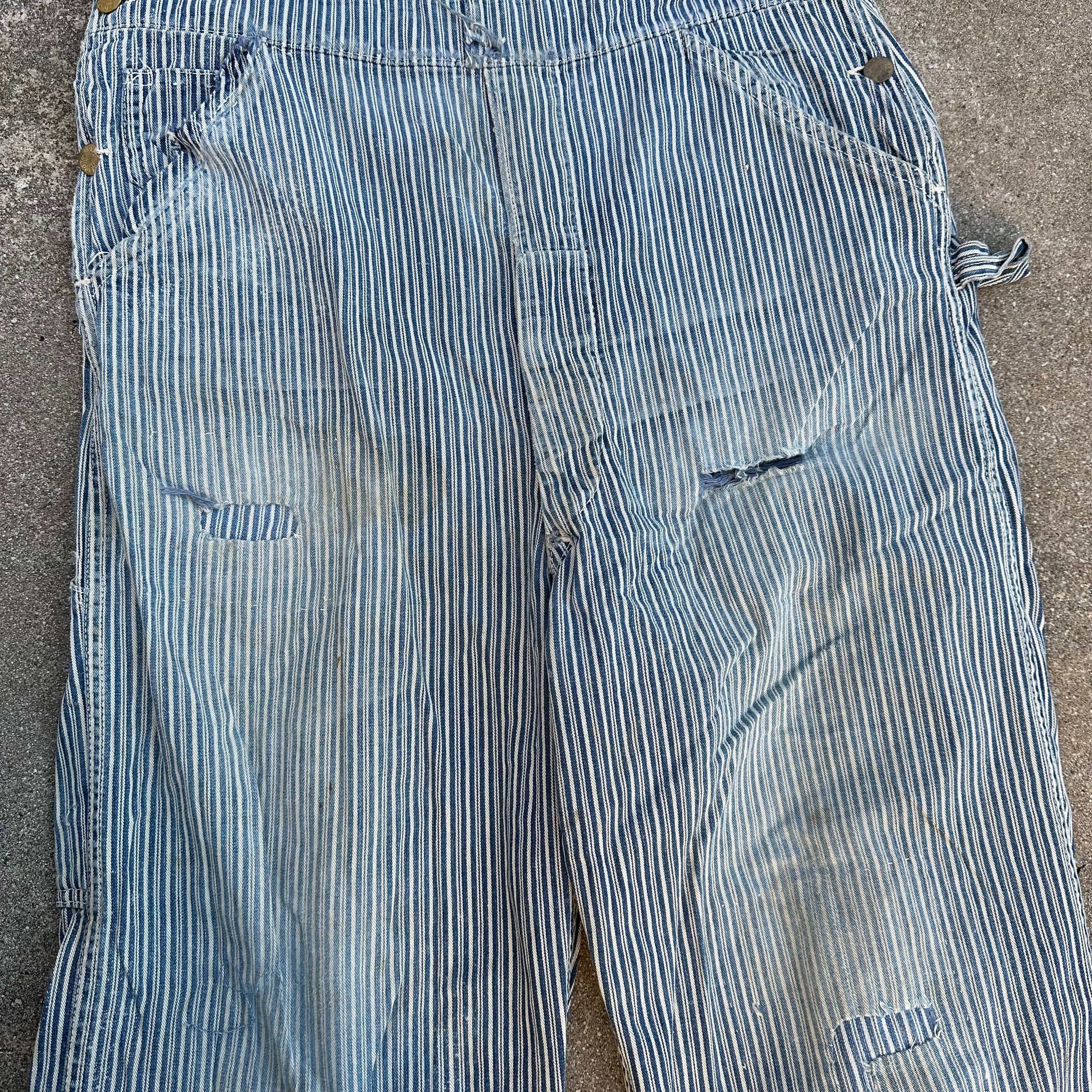1940’s Thrashed Round House Hickory Stripe Overalls 34” Waist