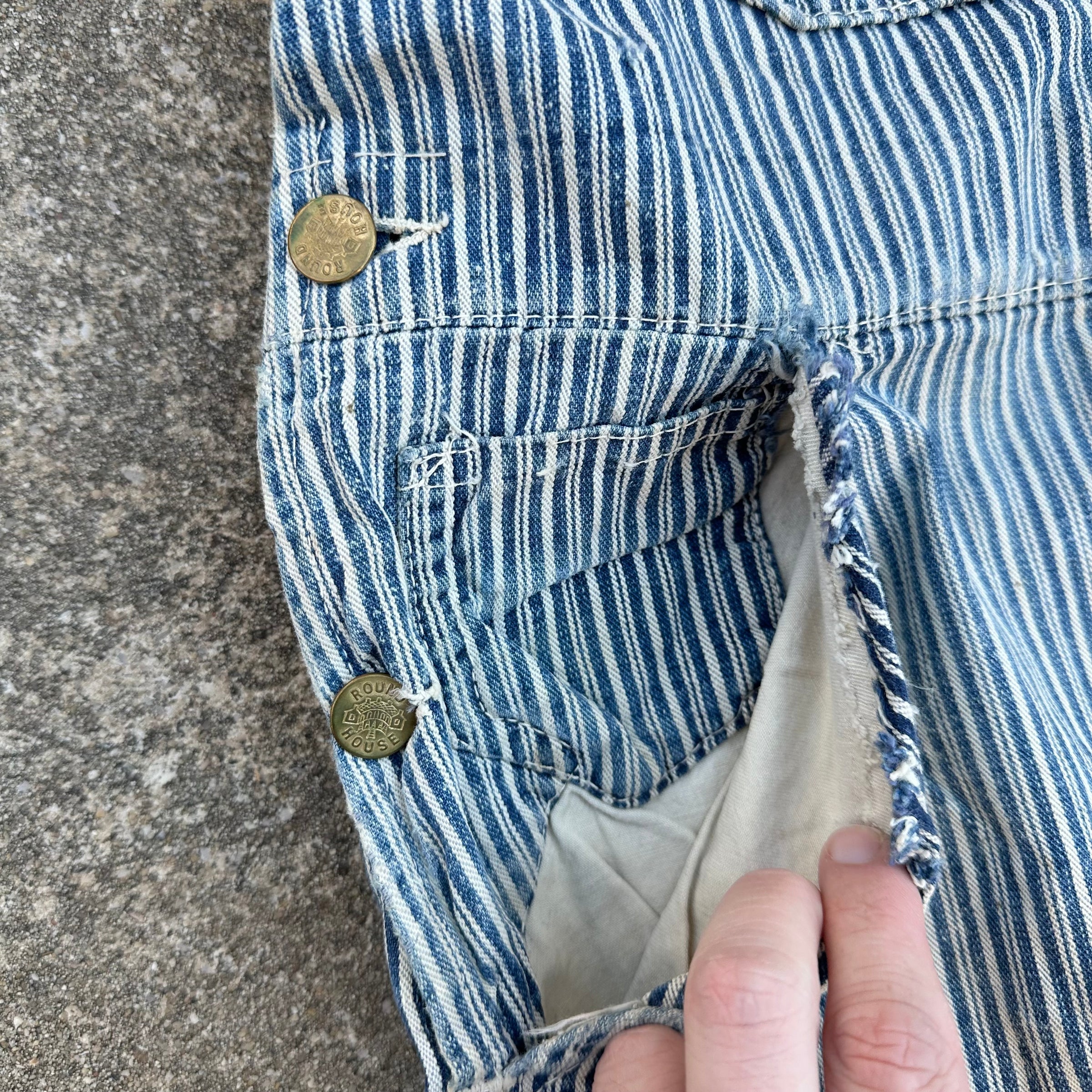 1940’s Thrashed Round House Hickory Stripe Overalls 34” Waist