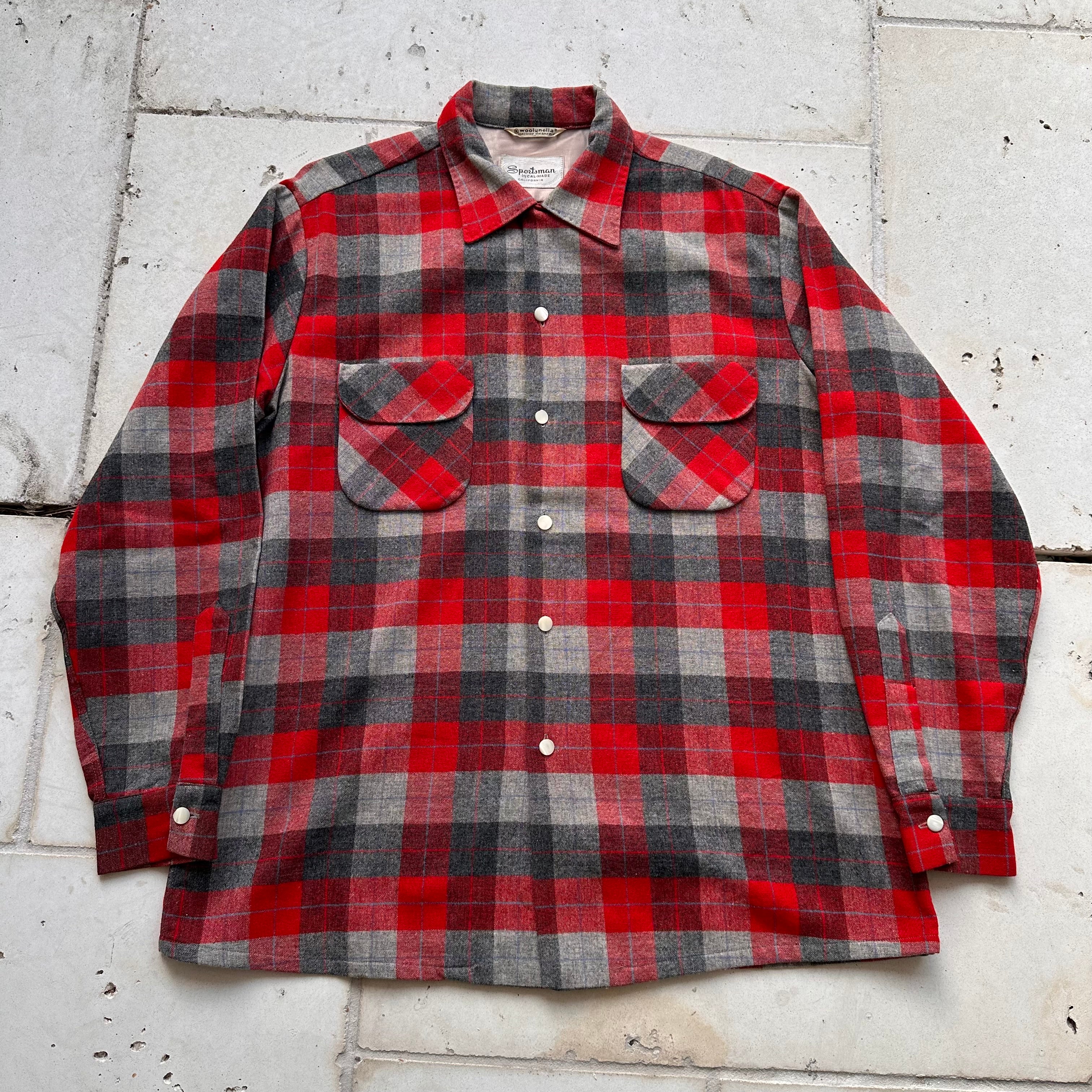 1950's/60's Sportsman Woolynella Plaid Loop Collar Shirt XL