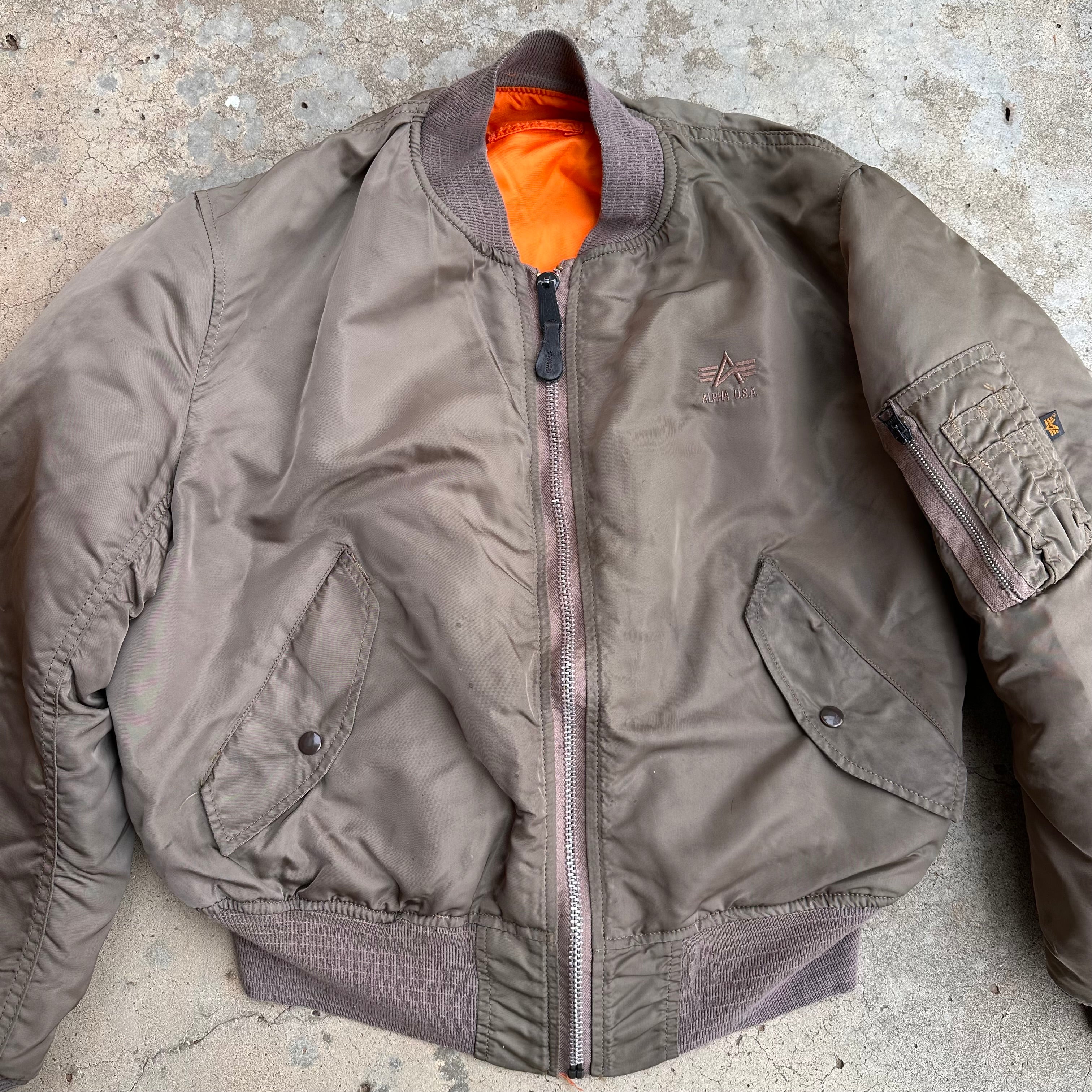 1990's Alpha Industries Brown Reversible MA-1 Flight Jacket Large