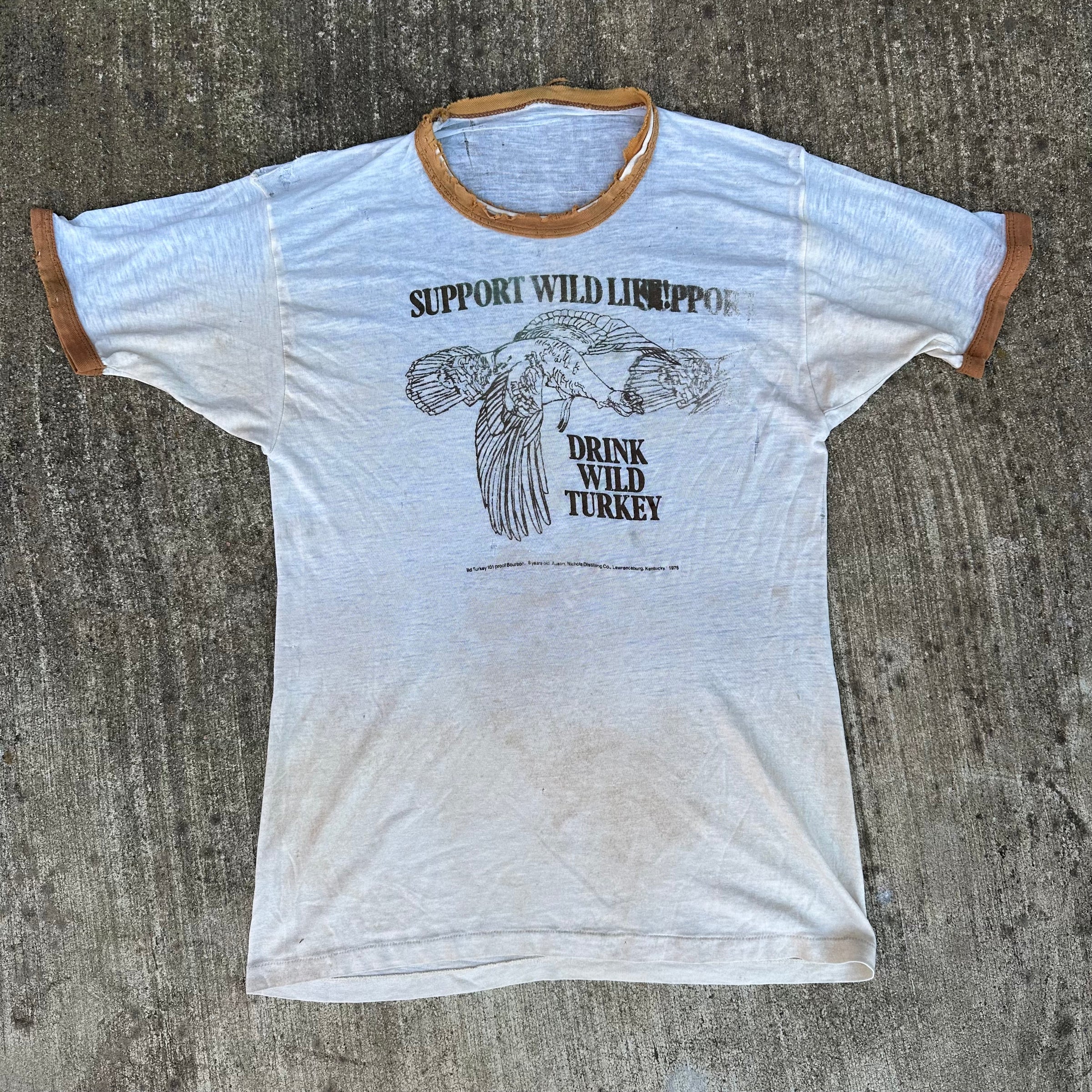 1970’s Support Wildlife Drink Wild Turkey Thrashed Ringer T-Shirt Small
