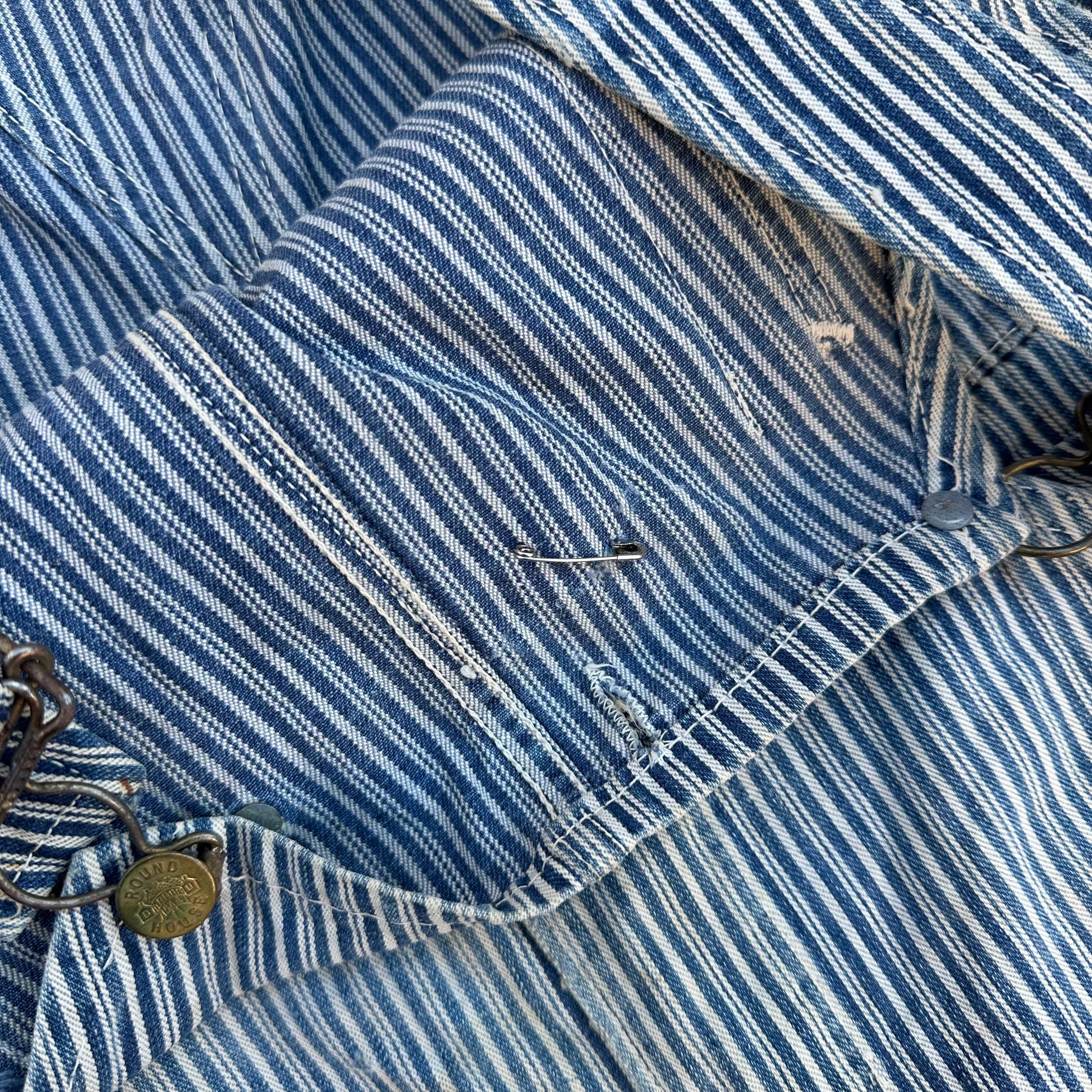 1940’s Thrashed Round House Hickory Stripe Overalls 34” Waist