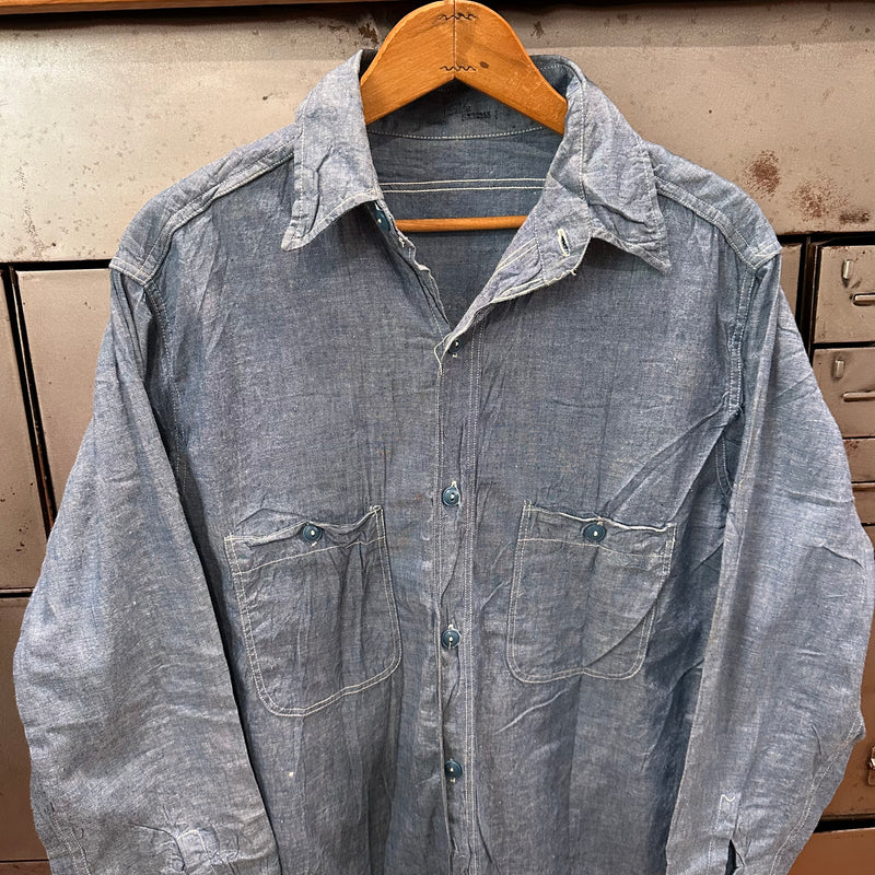 1940’s Stenciled WWII USN Chambray Shirt Large 22.5” Chest