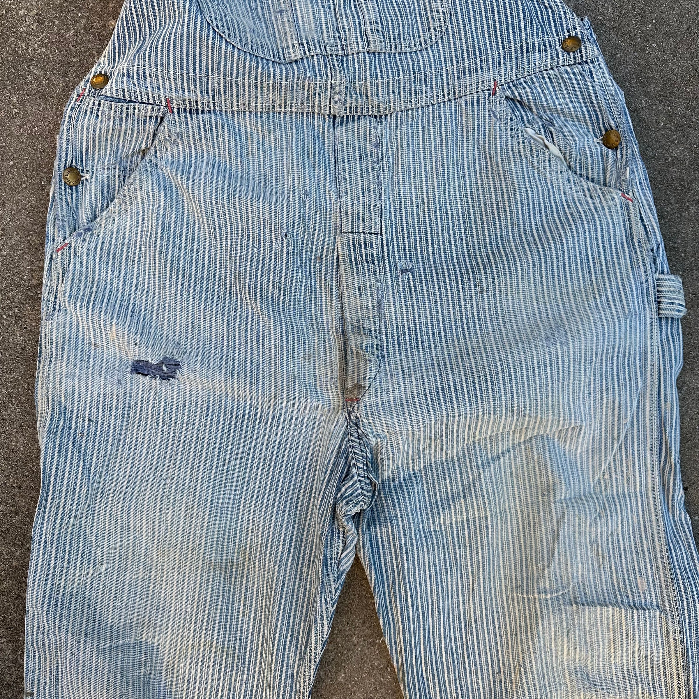 1950’s Thrashed Anthony’s Buckhide Hickory Stripe Overalls 38” Waist