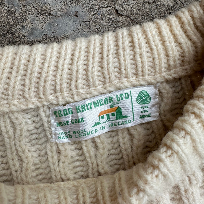 1980’s Trag Knitwear Cream Wool Fisherman Aran Sweater Medium