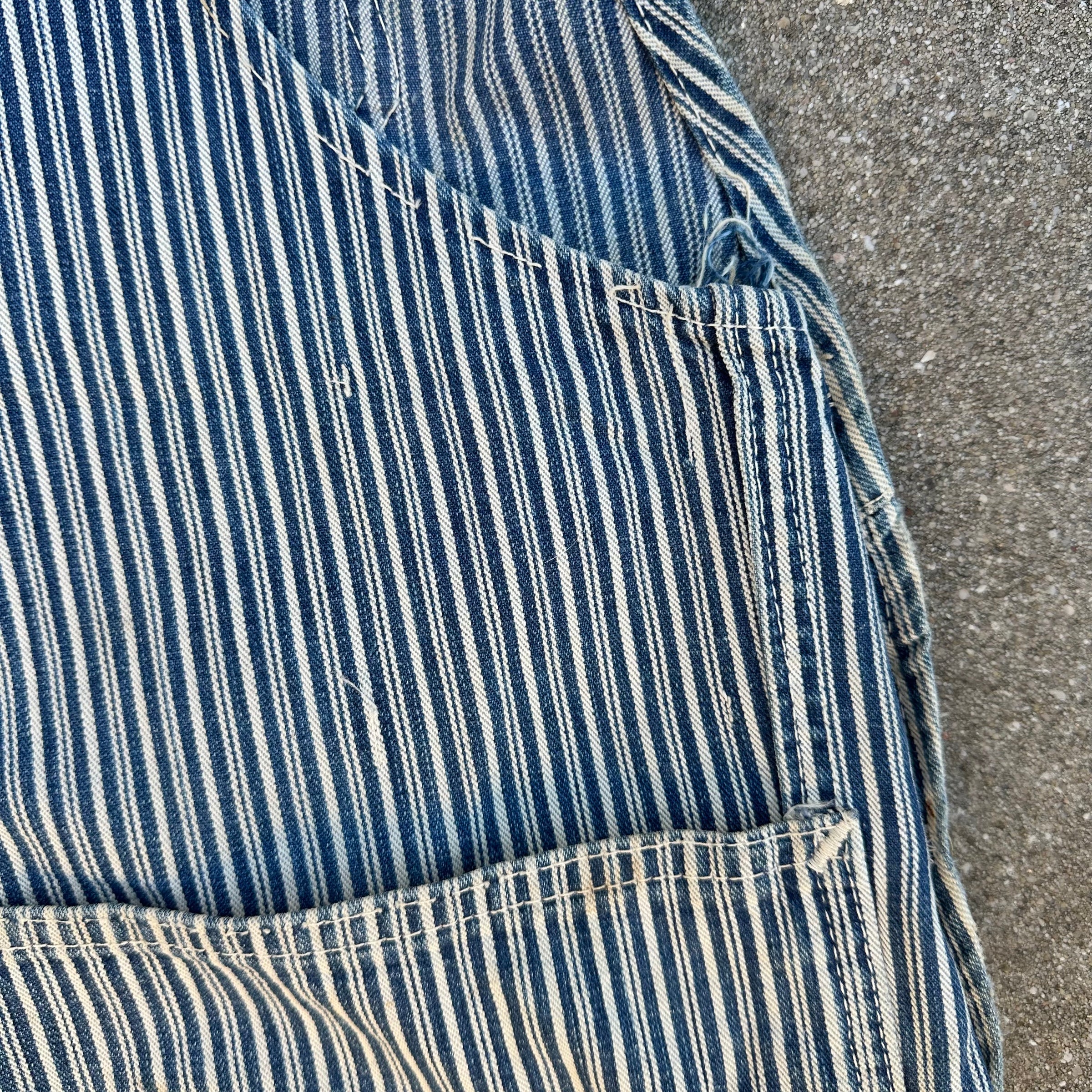 1940’s Thrashed Round House Hickory Stripe Overalls 34” Waist
