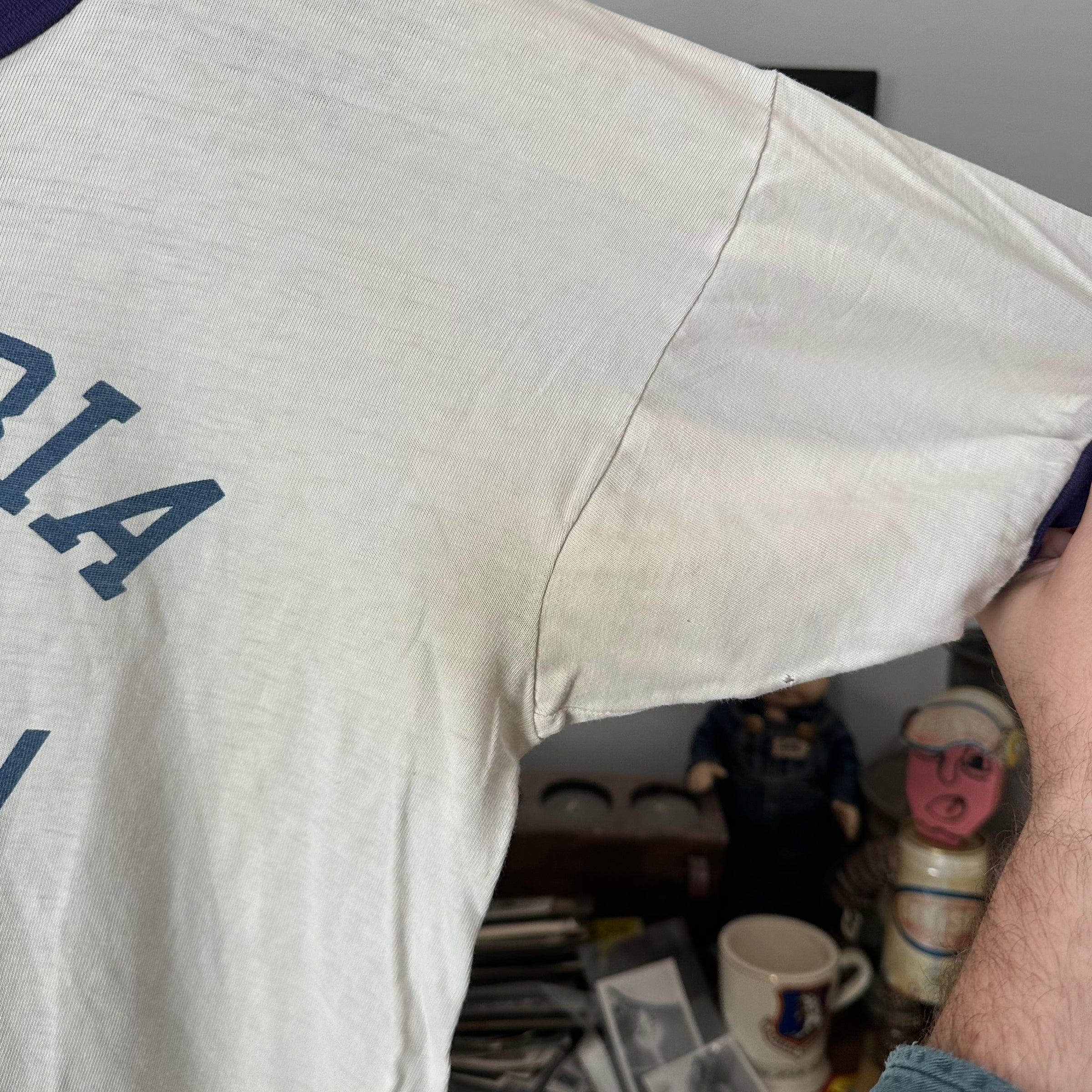 1970’s Columbia Hockey Water Print Champion Blue Bar Ringer T-Shirt Large