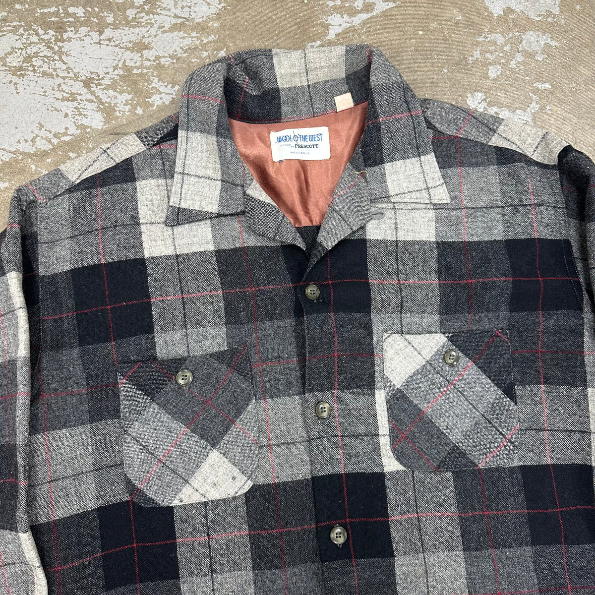 1960’s Wool O’ The West Black/Grey Plaid Loop Collar Shirt XL