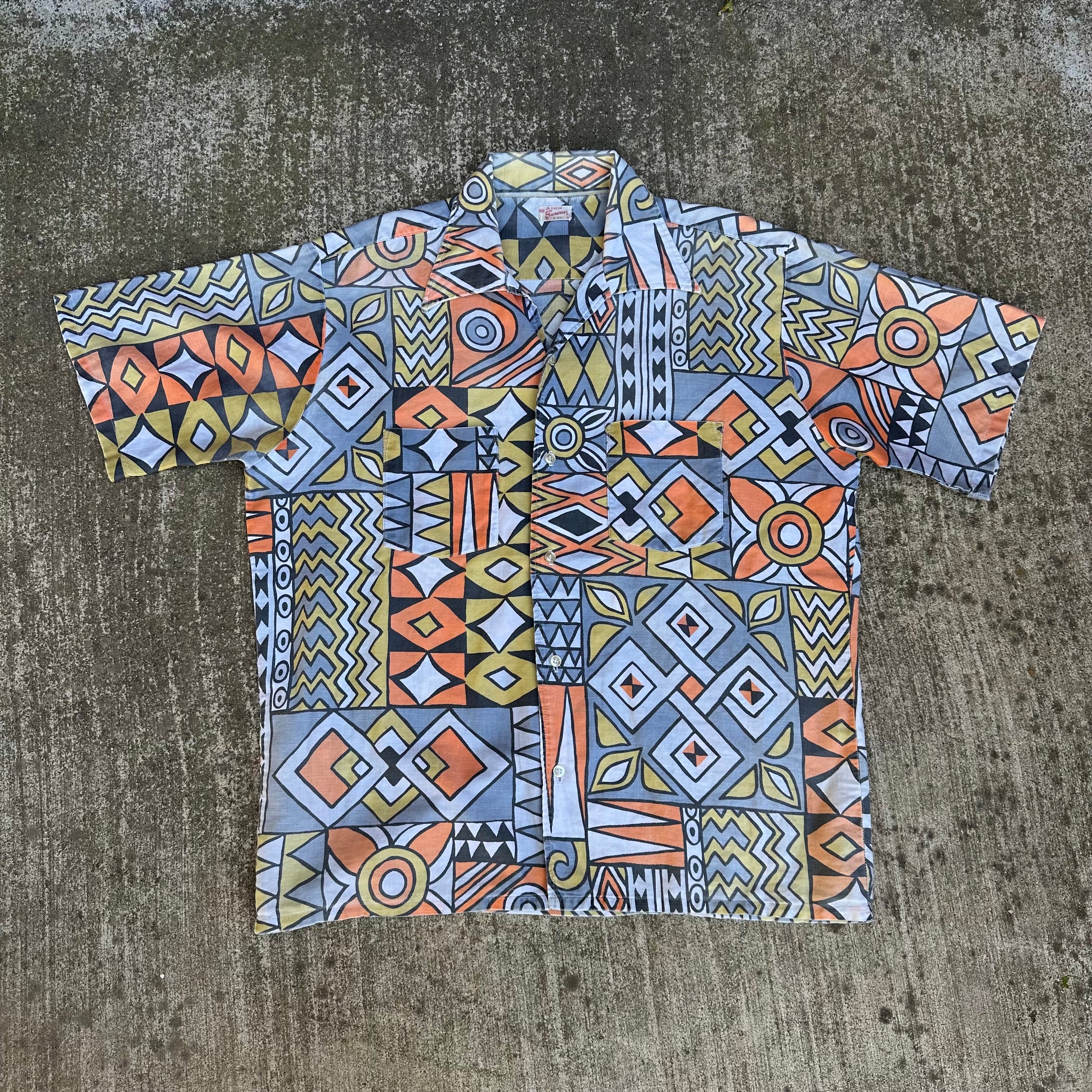 1950’s Florida Sportswear Abstract Patterned Cotton Open Collar Shirt Large