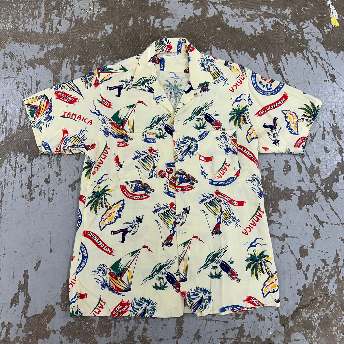 1950’s/60’s Jamaica Vacation Print Rayon Loop Collar Shirt Medium