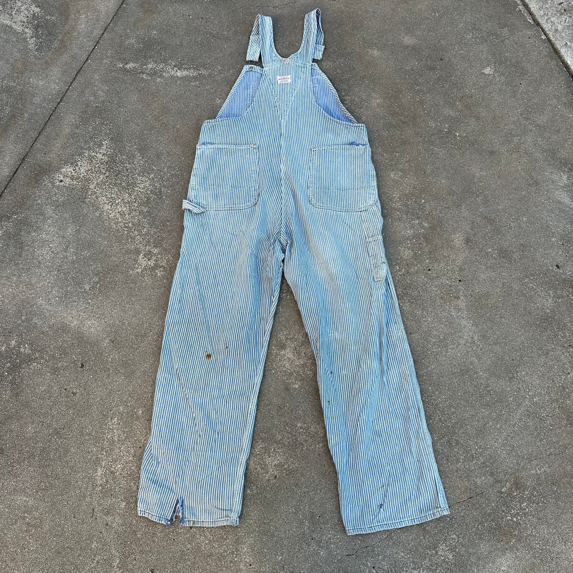 1950’s Thrashed Anthony’s Buckhide Hickory Stripe Overalls 38” Waist