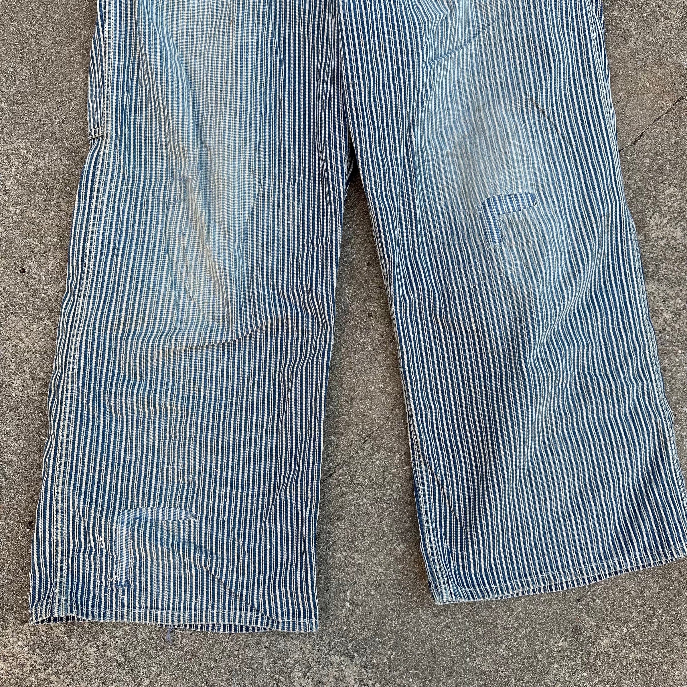 1940’s Thrashed Round House Hickory Stripe Overalls 34” Waist