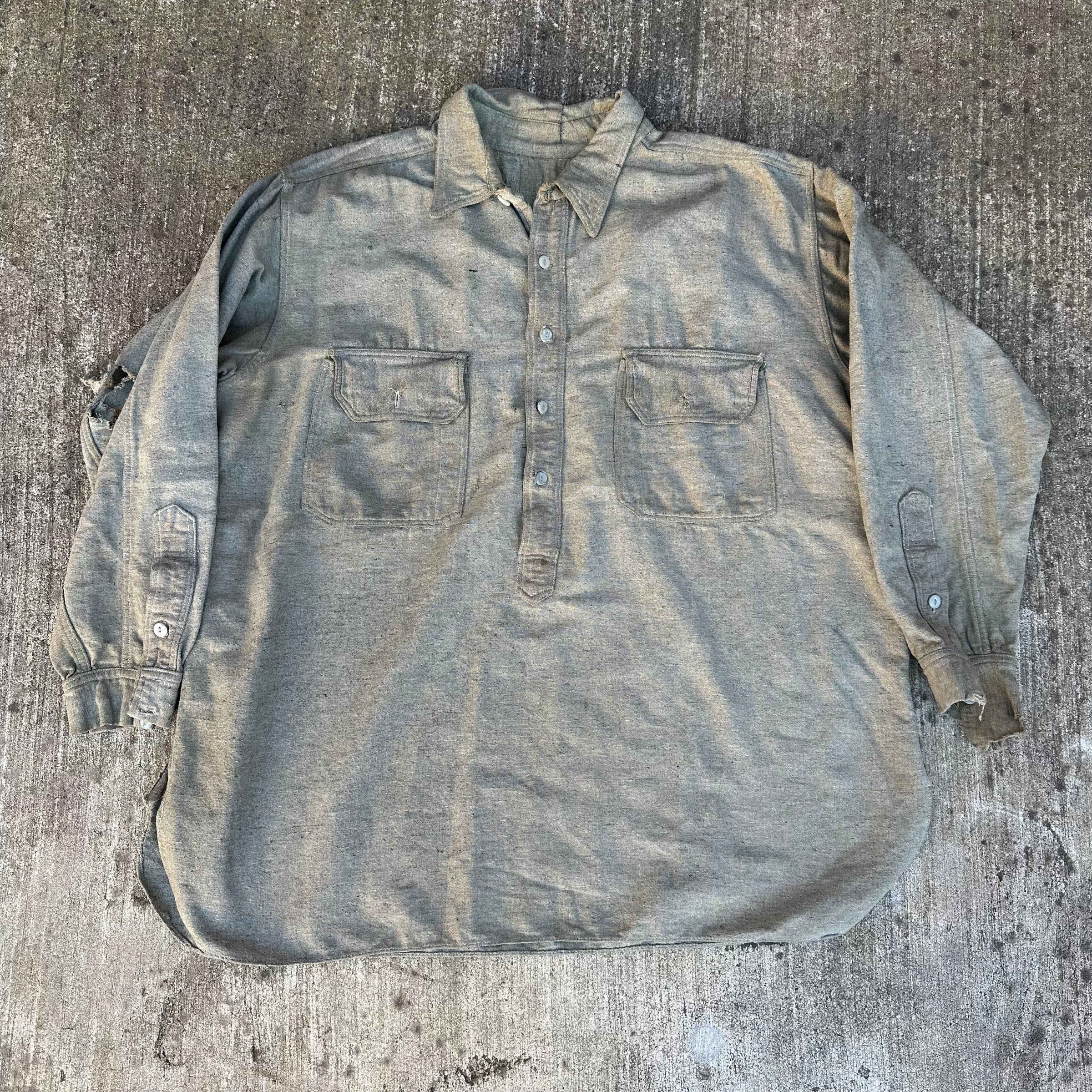 1910’s/20’s Grey Flax Wool Pullover Work Shirt XL