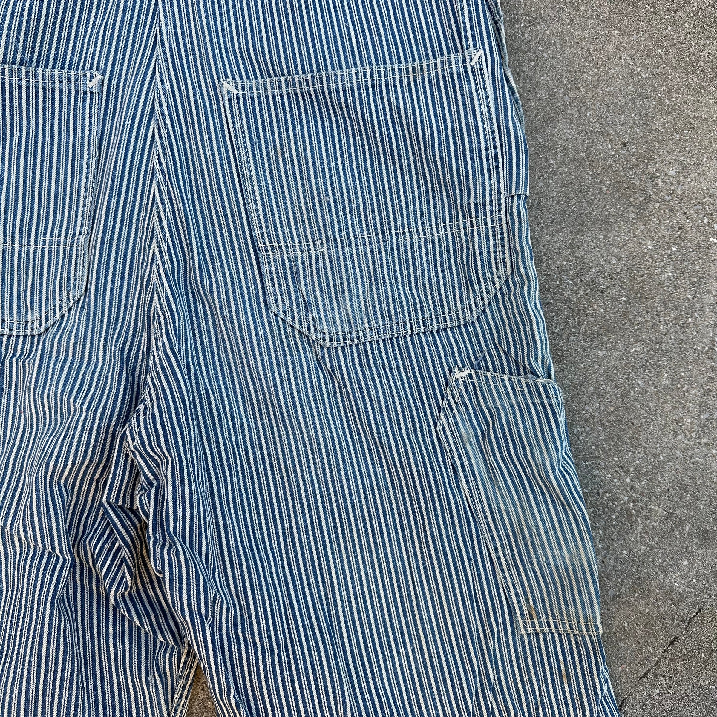 1940’s Thrashed Round House Hickory Stripe Overalls 34” Waist
