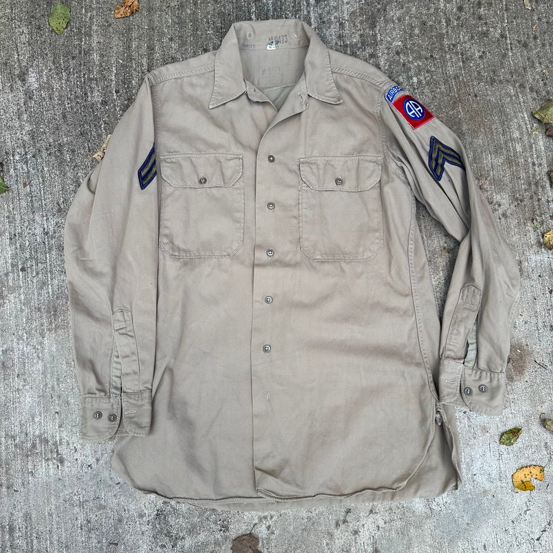 1940’s WWII 82nd Airborne Patched Khaki Shirt with Gas Flap