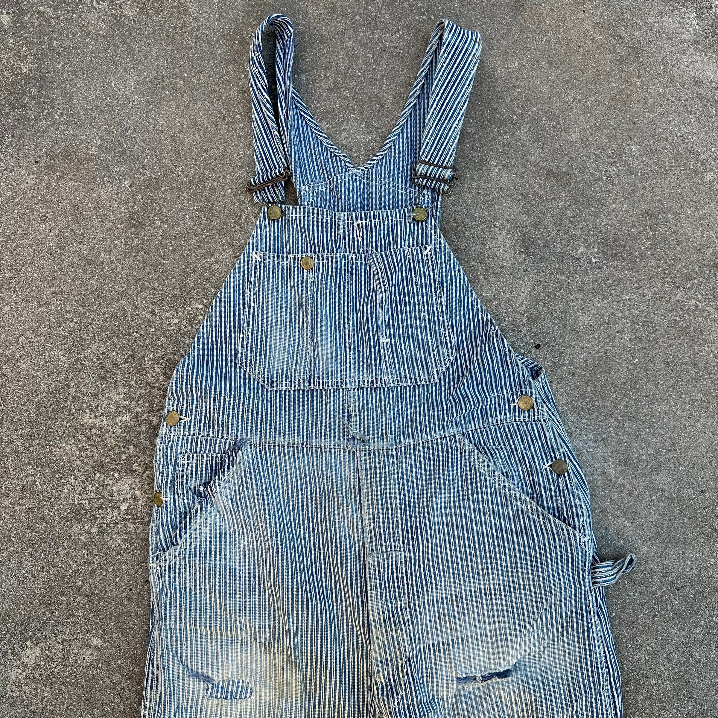 1940’s Thrashed Round House Hickory Stripe Overalls 34” Waist