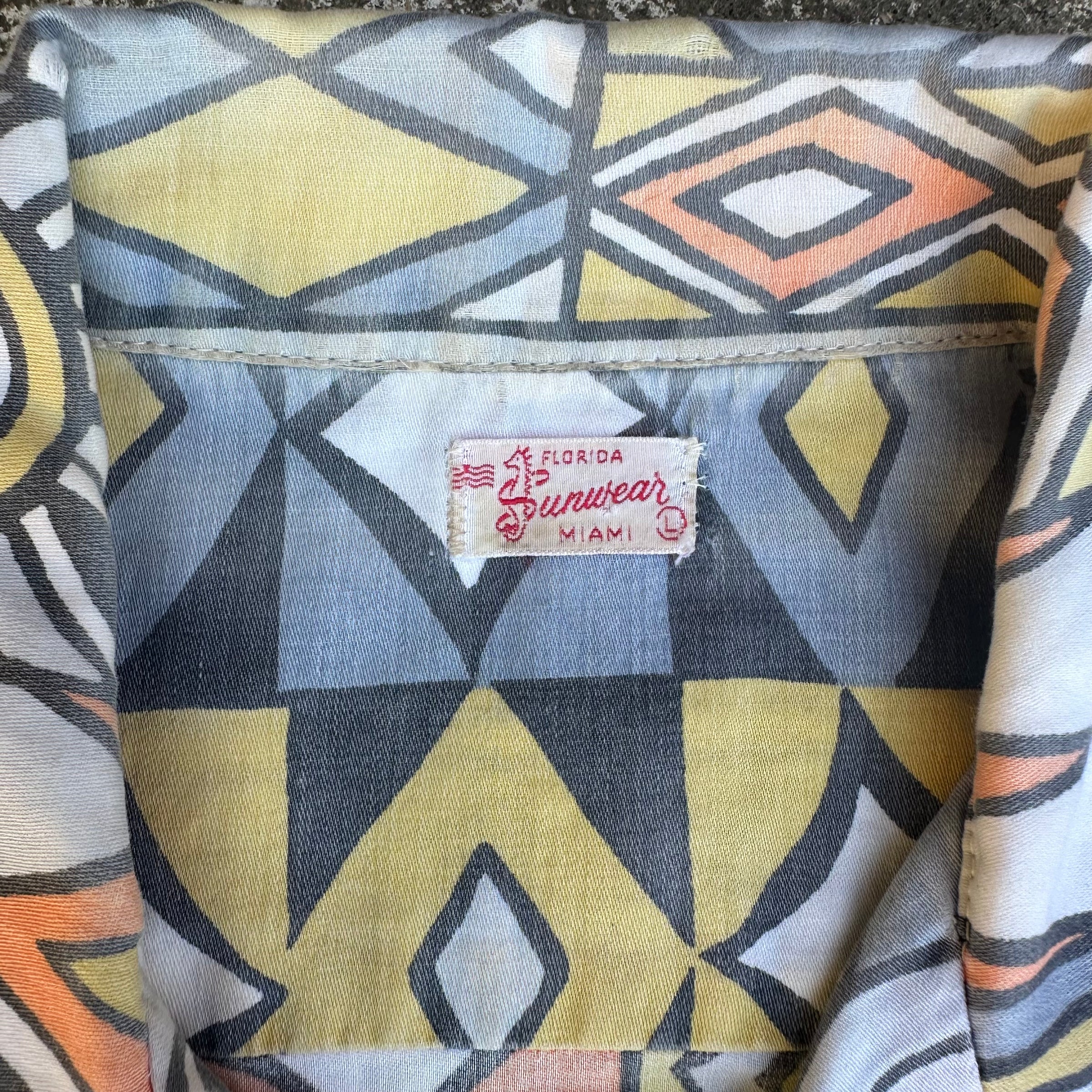 1950’s Florida Sportswear Abstract Patterned Cotton Open Collar Shirt Large