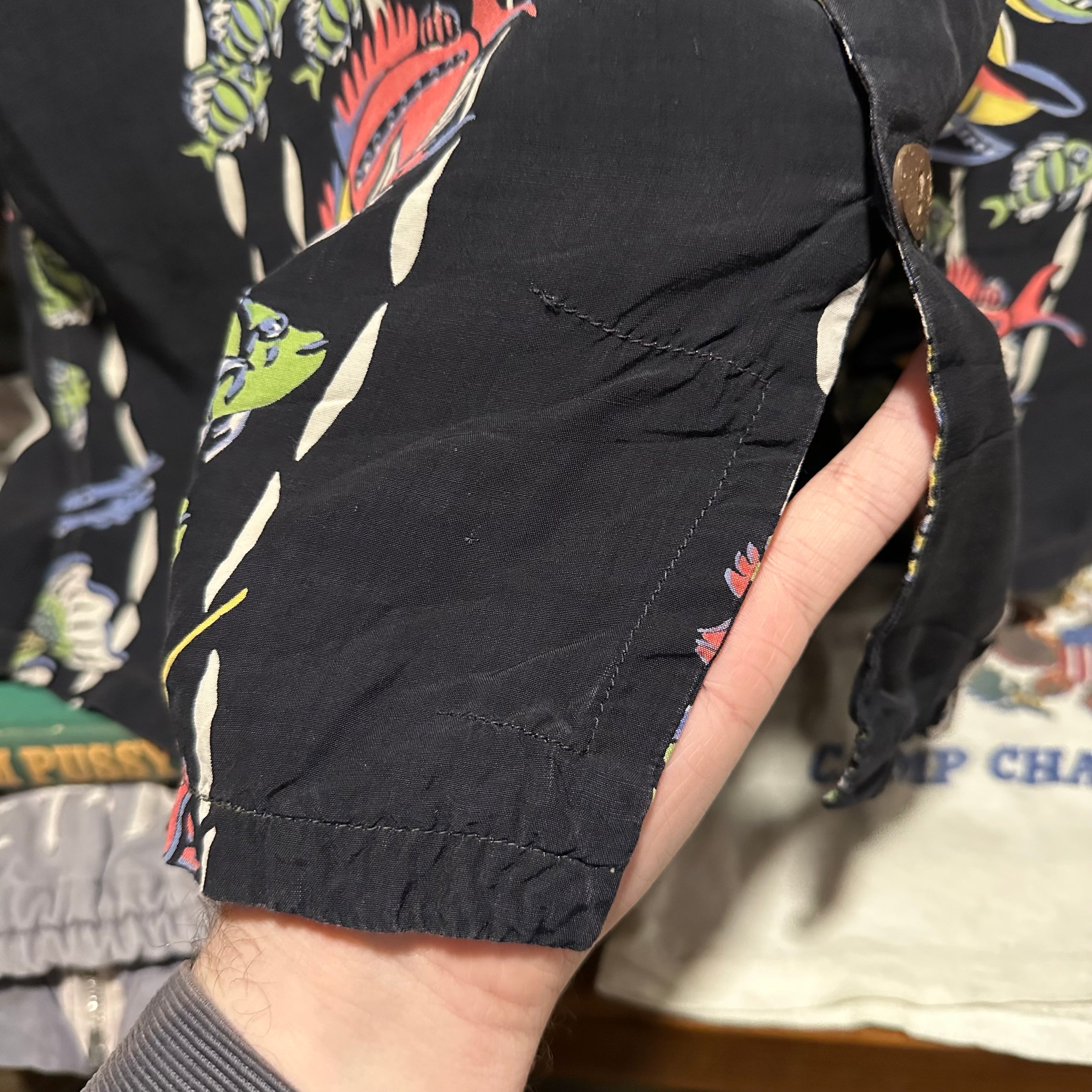 1940’s The Kahala Black Base Rayon Hawaiian Shirt Large