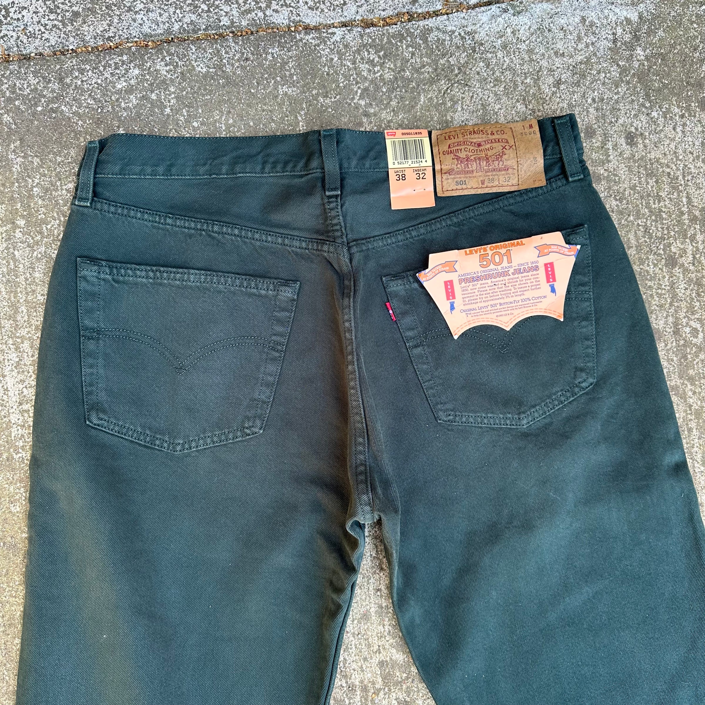 1990’s Deadstock Levi’s 501 Made in USA Green Denim Jeans 36” Waist
