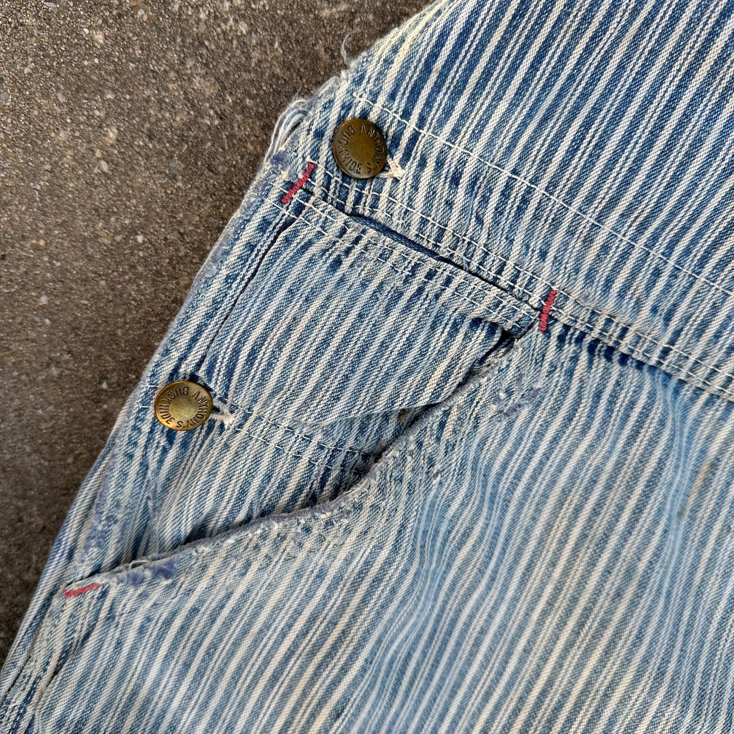 1950’s Thrashed Anthony’s Buckhide Hickory Stripe Overalls 38” Waist