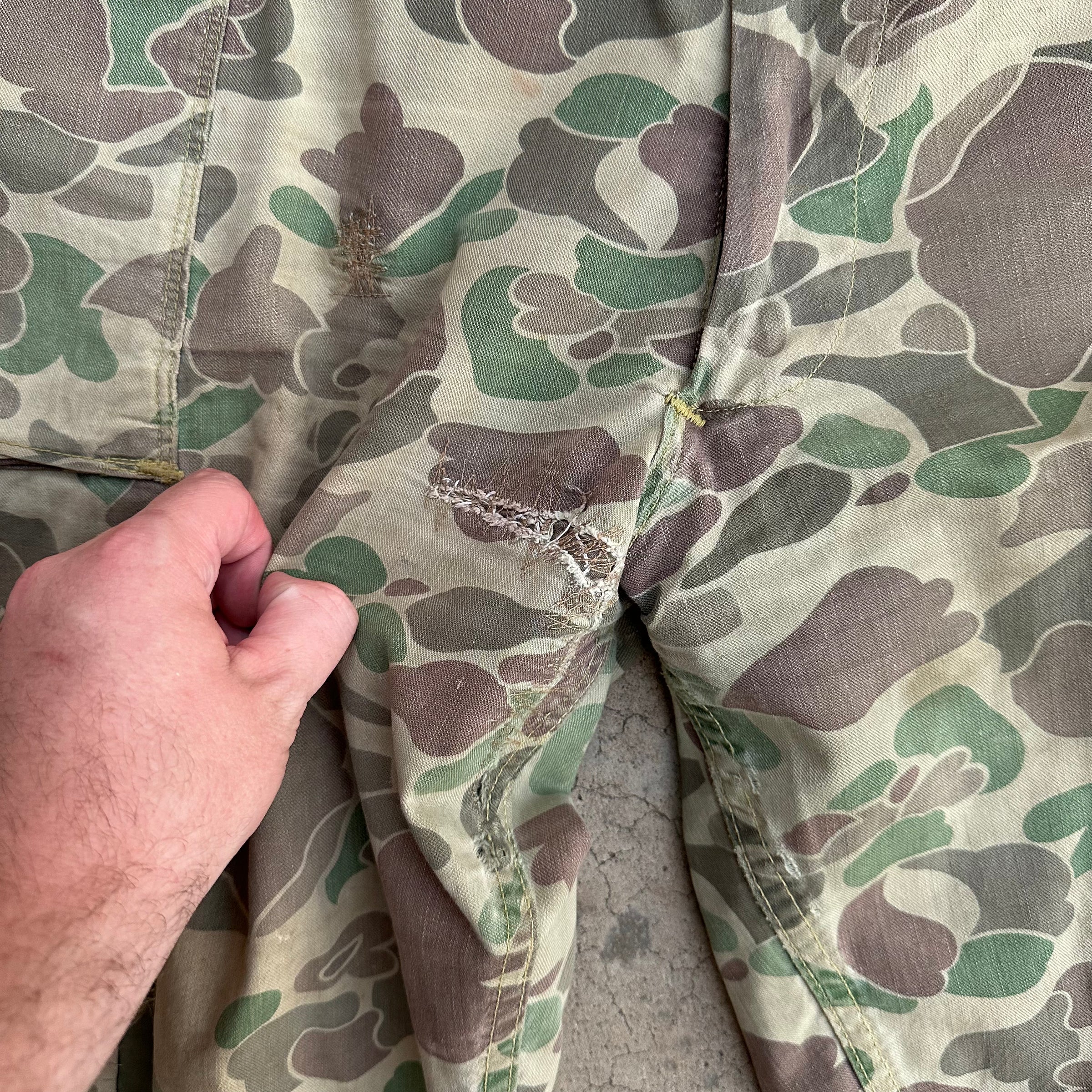 1950’s Repaired Frogskin Camo Hunting Pants 32” - 34” x 29”
