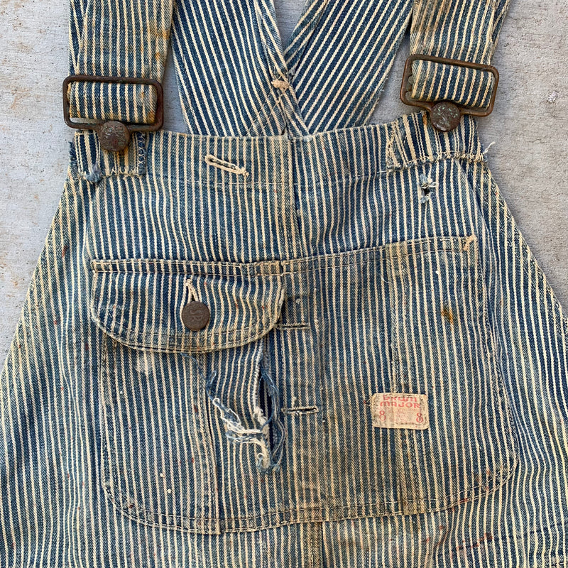 1940’s Thrashed Drum Major Hickory Stripe Overalls 34” x 29”