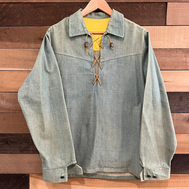 1960’s Thick Western Chambray Denim Lace-up Pullover Shirt Large