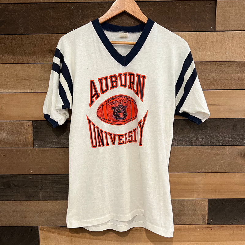 1970's Auburn University V-Neck Striped Sleeve Ringer T-Shirt Medium