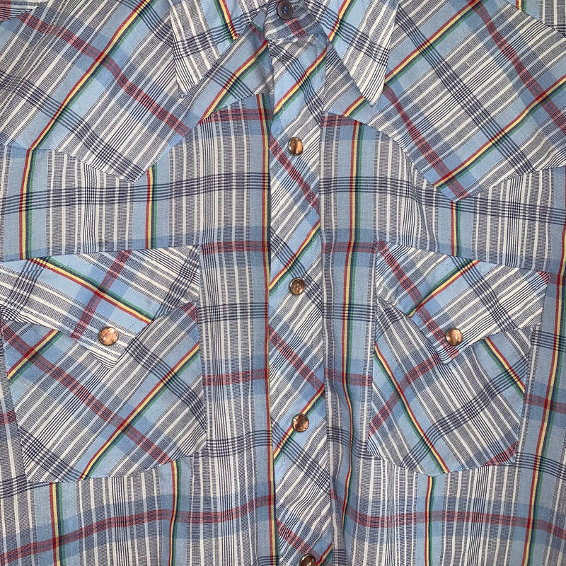 1970's Ely Plains Rider Plaid Short Sleeve Pearl Snap Western Shirt M/L