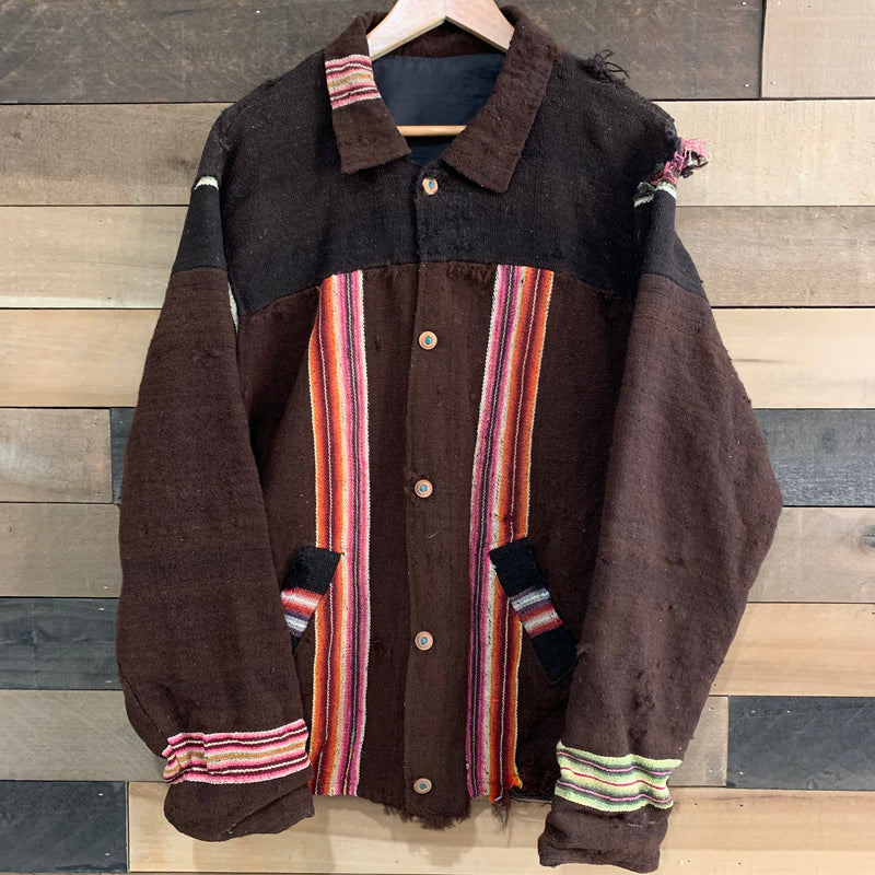 Homemade Thrashed Brown Hippy Rug Jacket Large