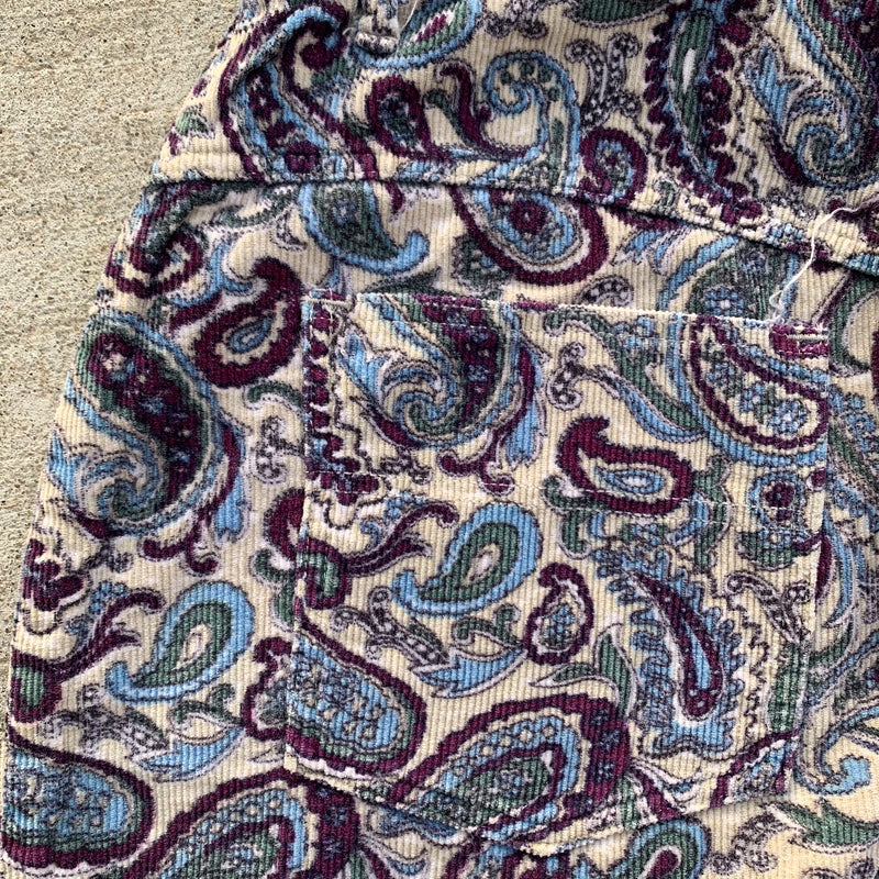 1960's-1970's Blue and Purple Paisley Tapered Corduroy Pants 26" x 24.25"