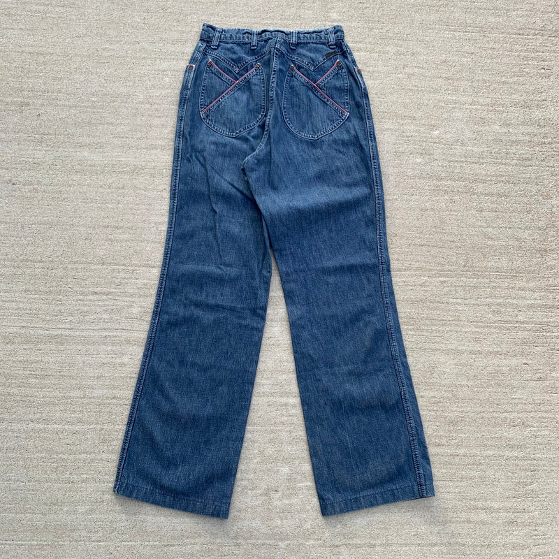 1970's Tulip Pocket Maverick Flared Blue Denim Jeans 25.5" x 29.25"
