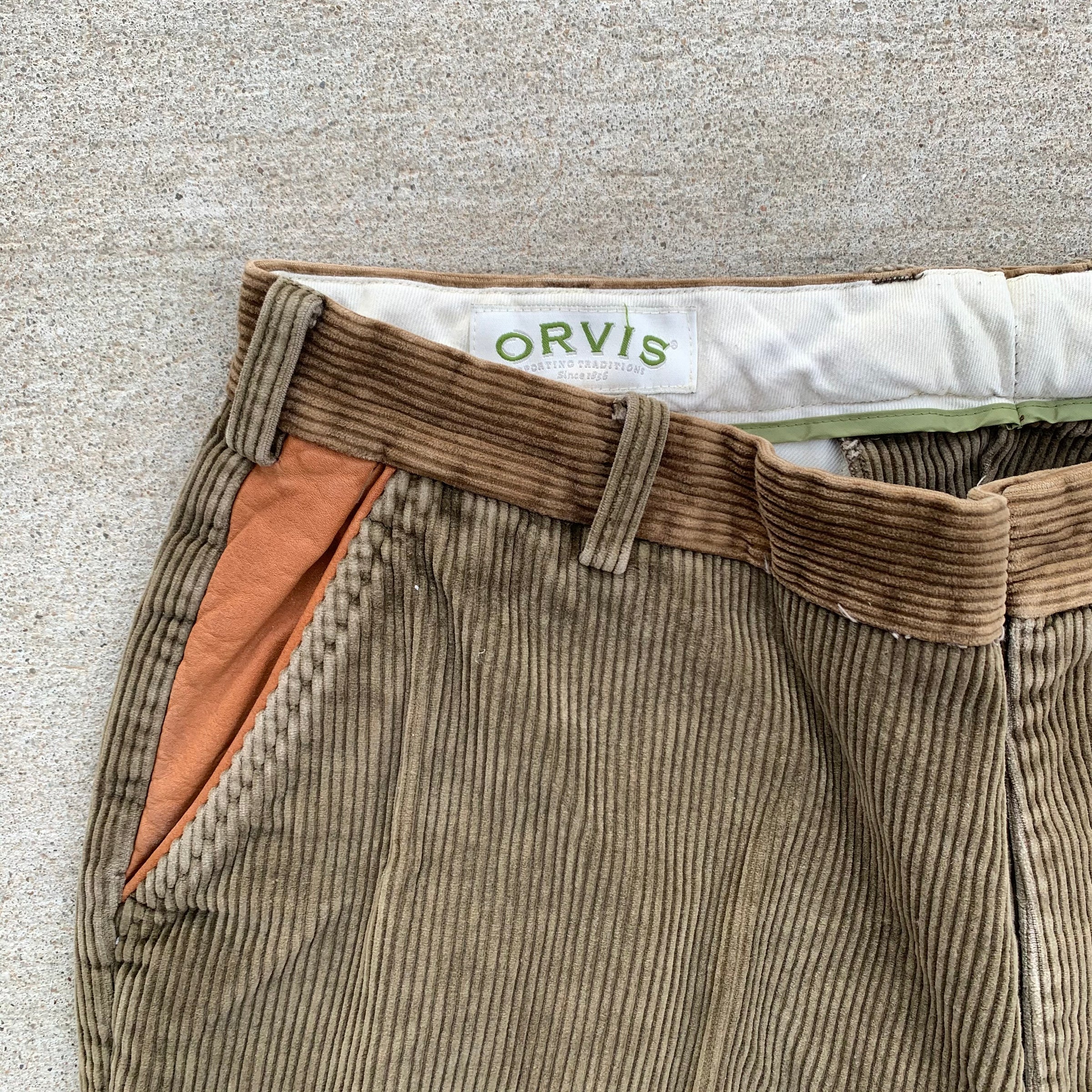 1990's Orvis Leather Trimmed Olive Corduroy Pants 36" x 29"