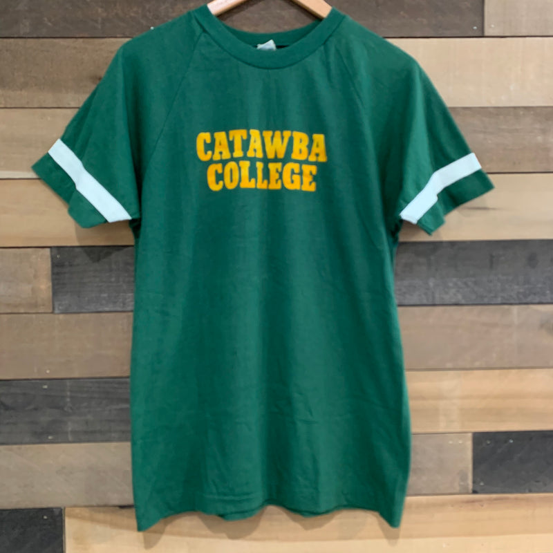 1970's Catawba College Felt Print Champion Blue Bar T-Shirt Large