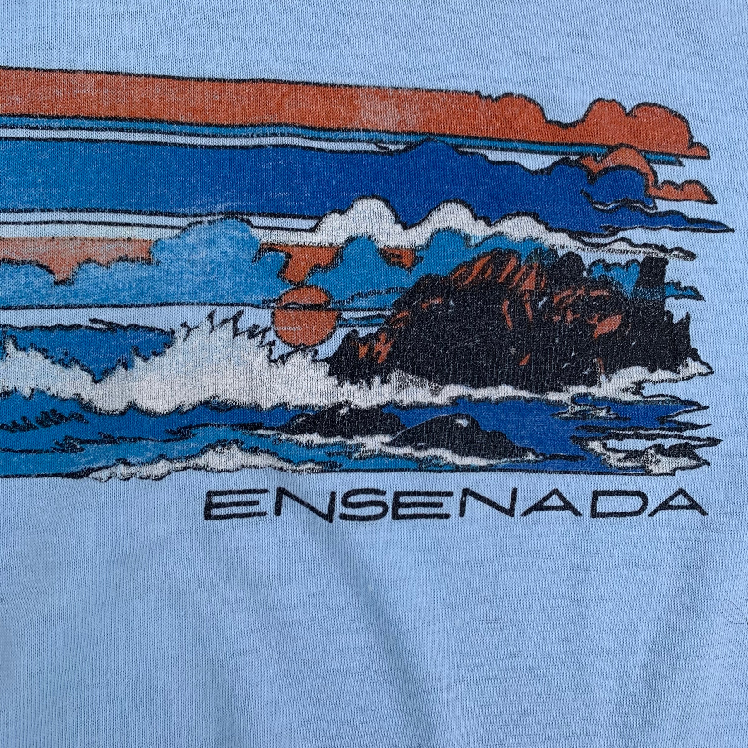 1980's Thin Sky Blue Ensenada Mexico Souvenir T-Shirt Small