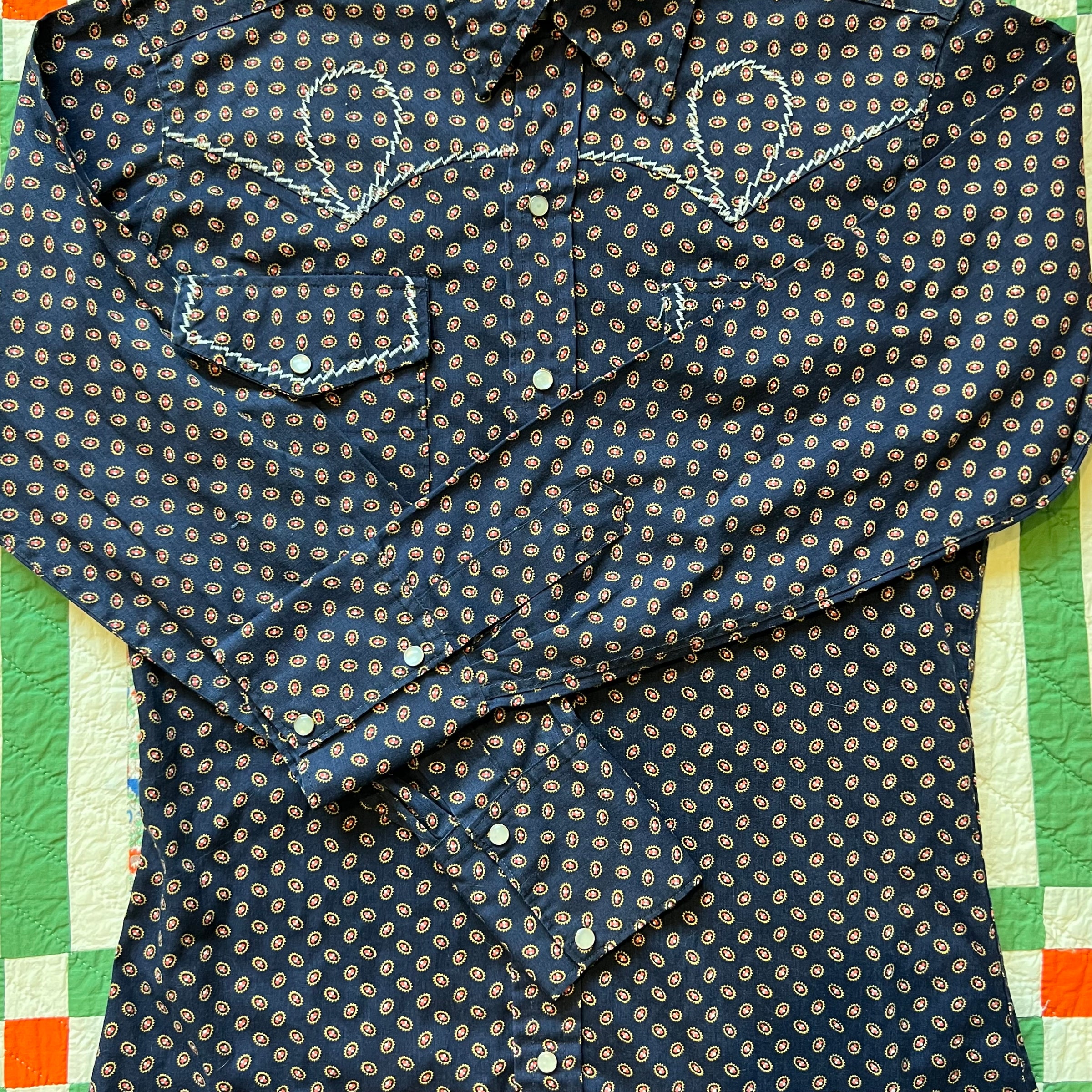 1970's Navy Decorative Paisley Pearl Snap Western Shirt Small