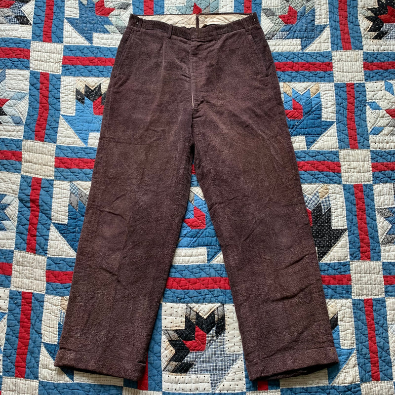 1930's/40's Cone Fabric Textured Brown Corduroy Pants 31" x 28"