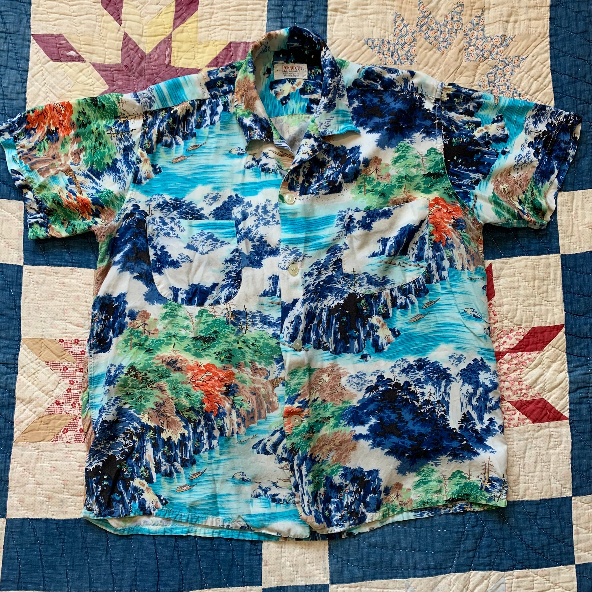 1950's Penney's Rayon Loop Collar Hawaiian Shirt Medium