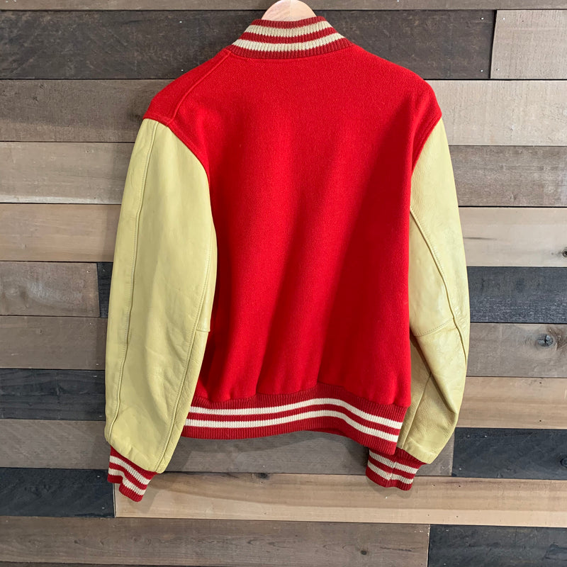 1960’s Red and Cream Wool Varsity Jacket with Leather Sleeves Tagged 42 M/L