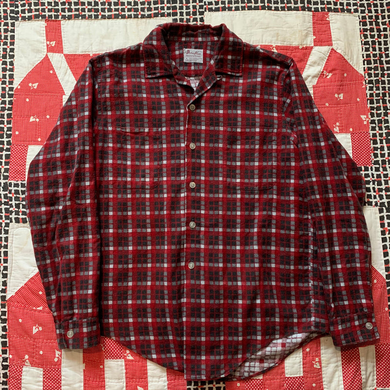 1960's Duraflan Printed Plaid Loop Collar Cotton Flannel Shirt Medium