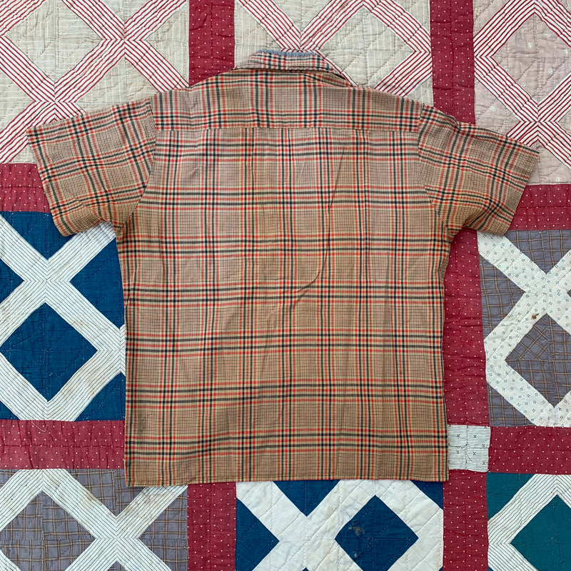 1950's Penney's Orange Plaid Loop Collar Short Sleeve Shirt Medium