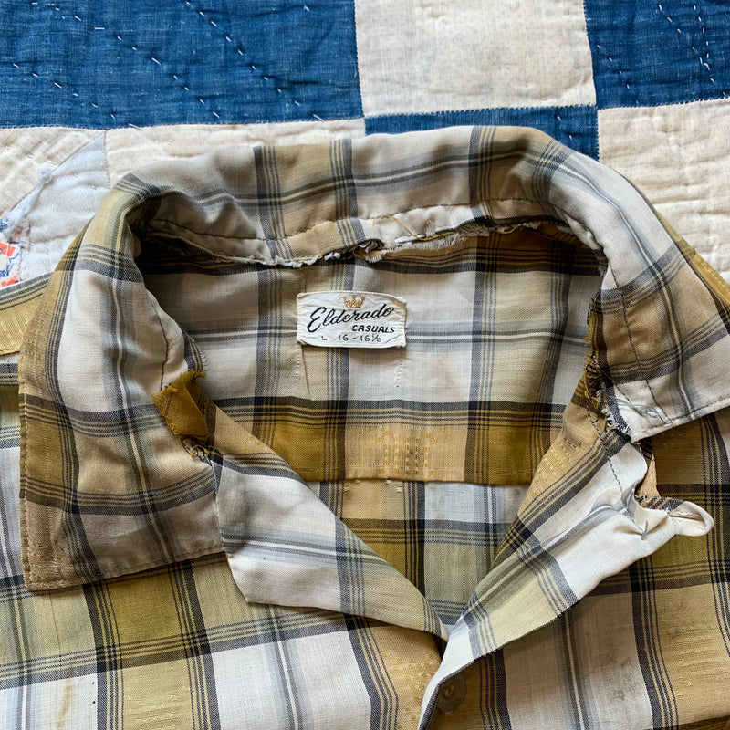 1950’s Elderado Brown Plaid Loop Collar Shirt Large