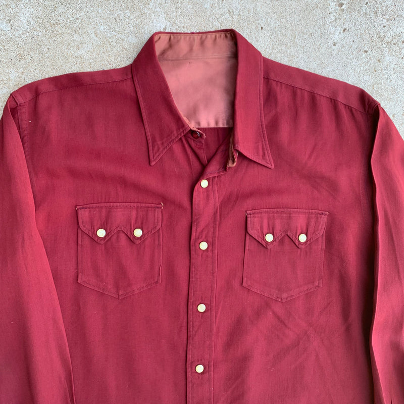 1950's Maroon Gabardine Pearl Snap Western Shirt XL