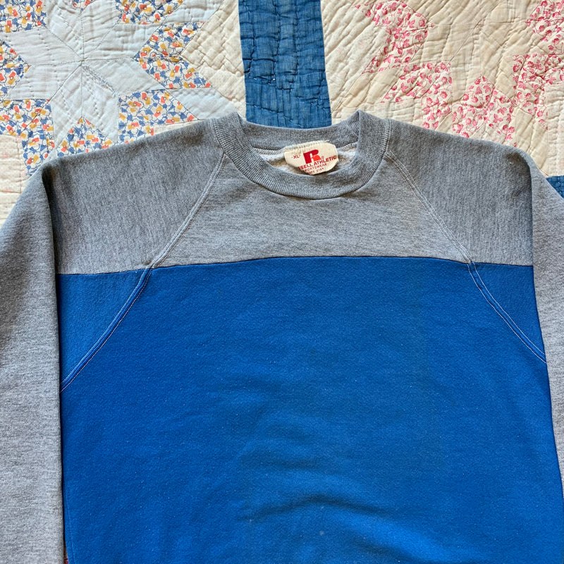 1970's Russell Athletic Blue and Gray Raglan Crewneck Sweatshirt Medium