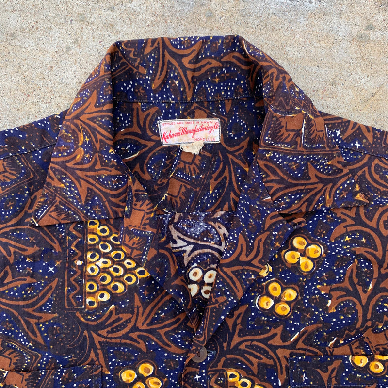 1950’s Kahana Brown Floral Cotton Hawaiian Loop Collar Shirt Large