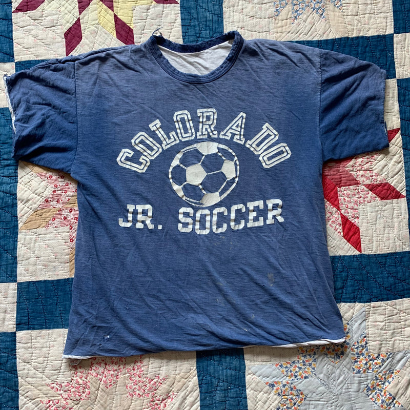 1970's Thrashed Colorado Jr Soccer Reversible Champion Blue Bar T-Shirt Small