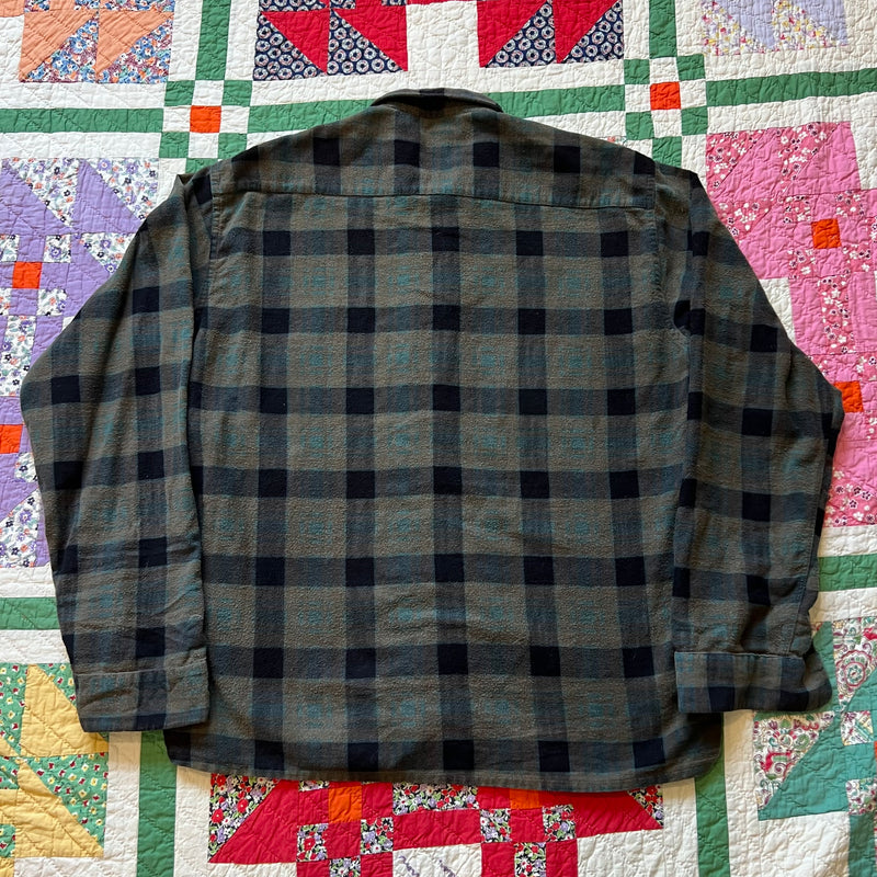 1950's Comet Dark Green Plaid Loop-Collar Cotton Flannel Shirt M/L